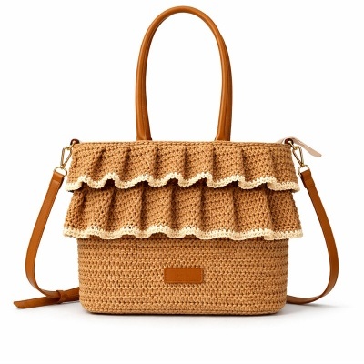 Mala de mão castanha com folhos, em material trançado e alças de couro