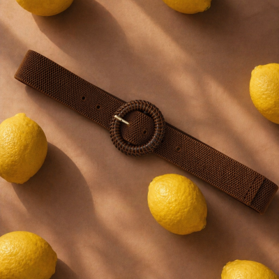 Cinto castanho escuro e limões amarelos sobre superfície castanha com sombras.