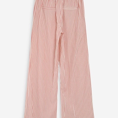 Calças de tecido leve com padrão de riscas verticais em vermelho e branco