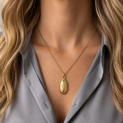 Colar dourado com pendente decorado com pedras coloridas