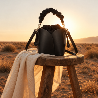 Mala preta de couro com alça fruncida sobre banco rústico em deserto ao pôr do sol