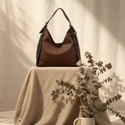 Bolsa castanha em material sintético com detalhes em preto e tachas douradas pendurada num suporte coberto por tecido bege, ao lado de um vaso cerâmico bege com ramos verdes secantes.