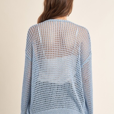 Camisola de malha verde-azulada com padrão aberto vista de costas