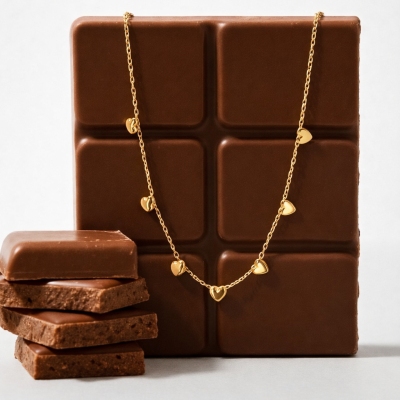 Barra de chocolate com colar dourado de corações e pedaços de chocolate empilhados ao lado