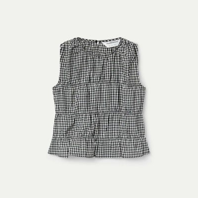 Top sem mangas xadrez vichy preto e branco com folhos