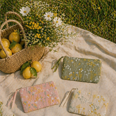 Três bolsas bordadas com padrão floral em verde, rosa e bege numa manta creme ao ar livre com cesta de limões e flores