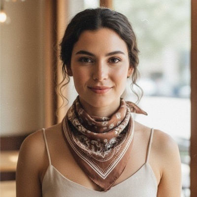 Mulher jovem com lenço castanho com padrão paisley ao pescoço