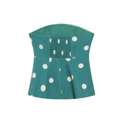Corset verde-azulado com bolinhas brancas e costura franzida centro