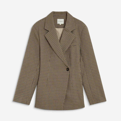 Blazer feminino com padrão pied-de-poule castanho e bege