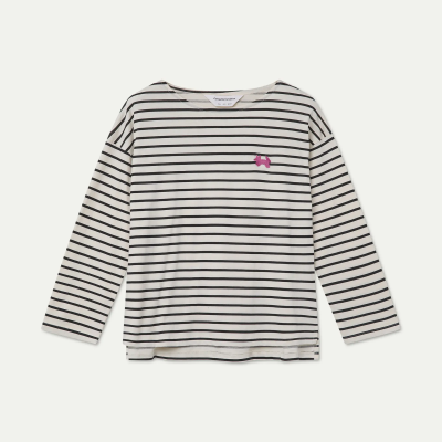 T-shirt de riscas pretas e brancas com manga comprida e bordado cor-de-rosa