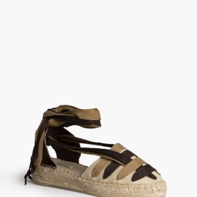 Alpercata feminina bege com tiras castanho e castanho claro e sola de corda