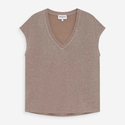 Camisola castanha brilhante decote em V com etiqueta GRACE & MILA S