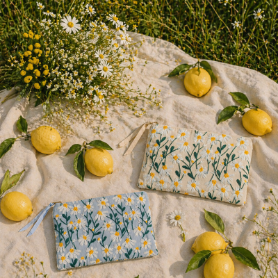 Duas bolsas de tecido bordadas com margaridas sobre um pano bege rodeadas de limões e flores silvestres num campo verde.