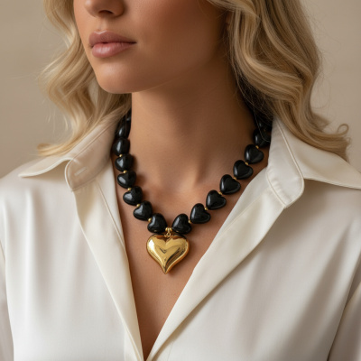 Colar de contas pretas em forma de coração com pendente dourado em forma de coração