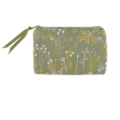 Estojo verde com bordado floral amarelo e branco e fecho de correr