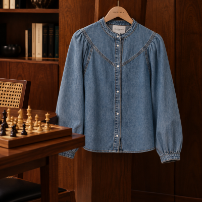 Blusa de ganga azul claro com botões brancos pendurada em cabide de madeira