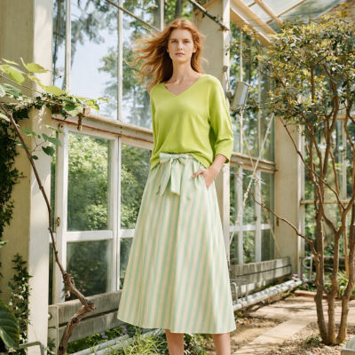 Mulher vestindo camisola verde claro e saia midi às riscas verdes e brancas em estufa
