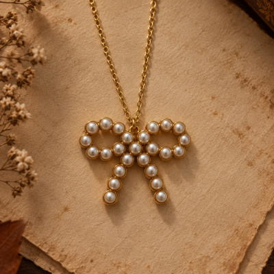 Colar dourado com pendente de laço de pérolas brancas