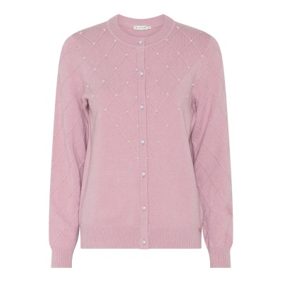 Camisola de malha rosa claro com botões perolados e padrão de losangos