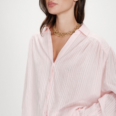 Camisa feminina rosa claro de tecido riscado com colar dourado.