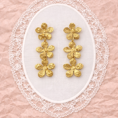 Brincos dourados em forma de flores com fundo rendado branco e papel rosa