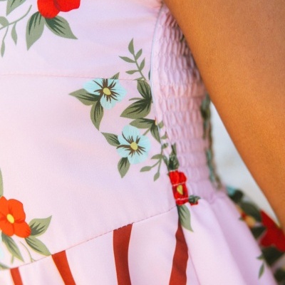 Vestido rosa com flores vermelhas e azuis e riscas castanhas