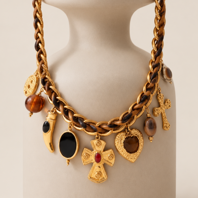 Colar dourado com pendentes variados exposto numa jarra cinza