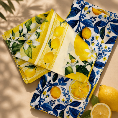 Toalhas de tecido com estampas de limões e flores em amarelo, branco e azul
