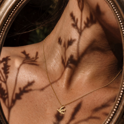 Colar dourado com pendente de pássaro e sombras de ramos no pescoço refletido em espelho antigo.