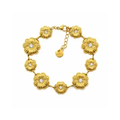 Pulseira dourada com flores e cristais