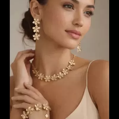 Conjunto de joias douradas com flores usadas por mulher com vestido bege