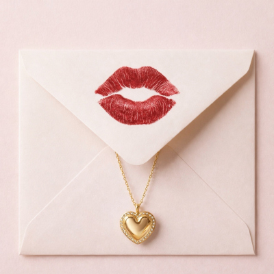 Envelope branco com batom vermelho em forma de lábios e colar dourado com pendente de coração