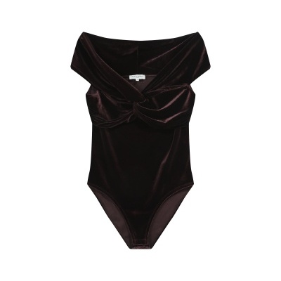 Body feminino de veludo castanho escuro com decote em V e nó frontal