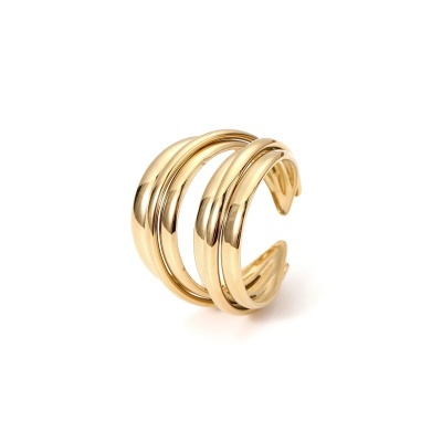 Anel aberto dourado de três bandas lisas com acabamento brilhante