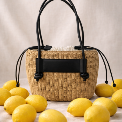 Mala em palha natural com alças pretas e limões amarelos ao redor