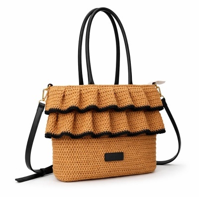 Mala de mão castanha com alças pretas e folhos