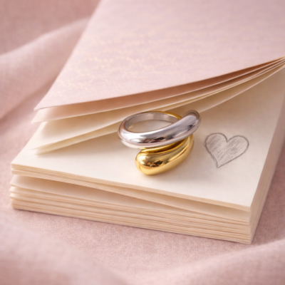 Anel em tons prateado e dourado sobre papel creme e tecido rosa