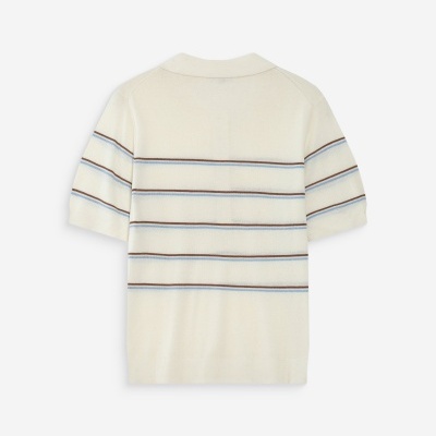 Camisola creme com riscas azuis e castanhas de manga curta