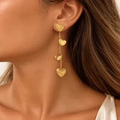 Brinco dourado com quatro corações texturizados pendurados