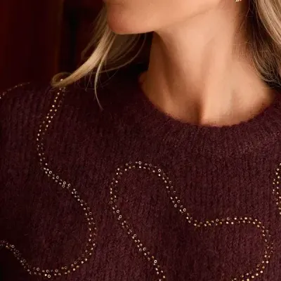 Blusa castanha escura em malha com detalhes dourados e brincos dourados