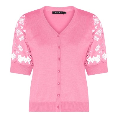 Camisola rosa com decote em V e mangas de renda trabalhada