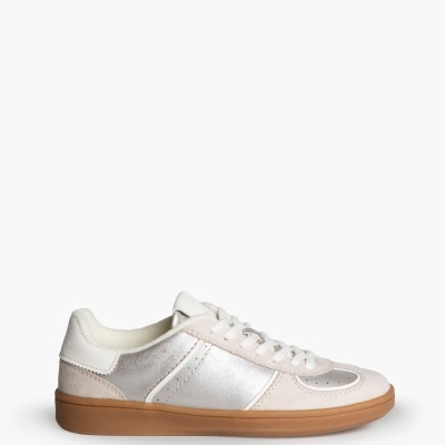 Ténis unissexo castanho e prateado com atacadores brancos