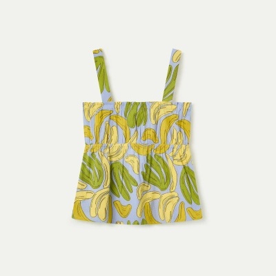 Top feminino com padrão de folhas amarelas e verdes