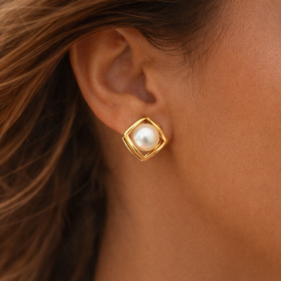 Brinco dourado quadrado com pérola branca no centro numa orelha