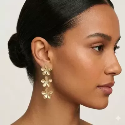 Brincos pendentes com três flores douradas texturizadas