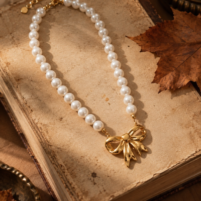 Colar de pérolas com pendente laço dourado sobre livro antigo