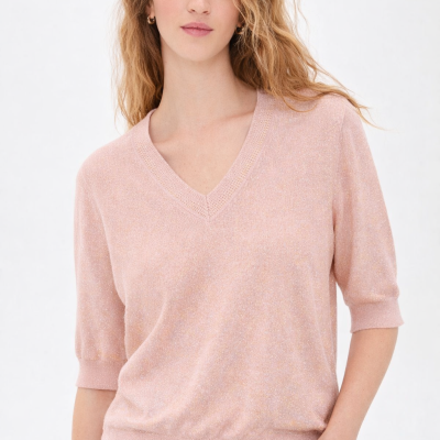 Camisola de malha rosa claro com brilho e decote V vista frontal