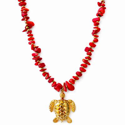 Colar com contas vermelhas e pendente dourado em forma de tartaruga