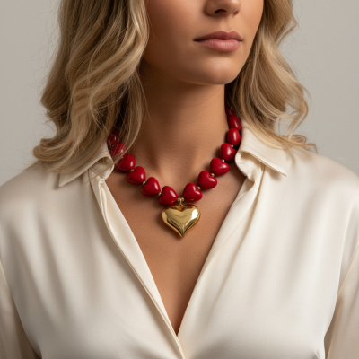 Colar com contas vermelhas e pendente dourado em forma de coração