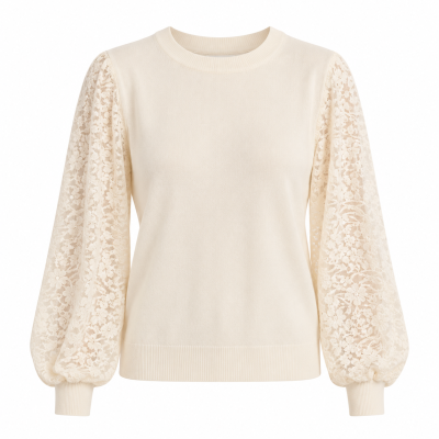 Camisola creme com mangas bufantes em renda floral creme